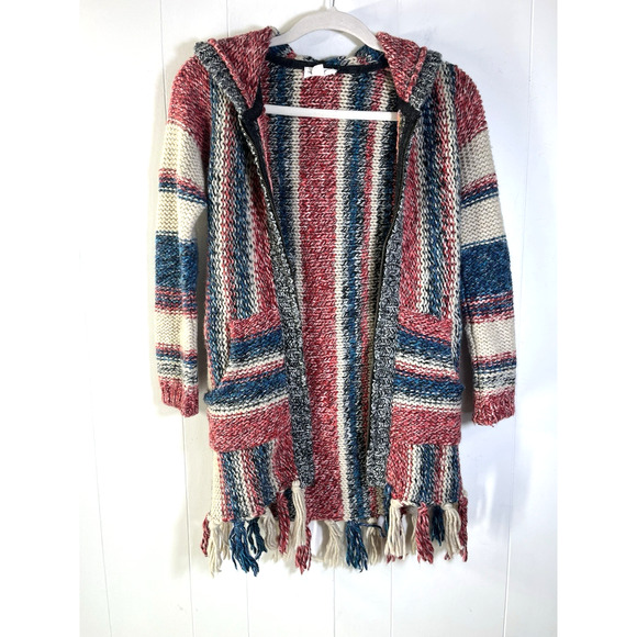 Mimi & Maggie Wool Blend Hooded Zip Cardigan Sweater Girls Medium Fringed Boho - Picture 2 of 12